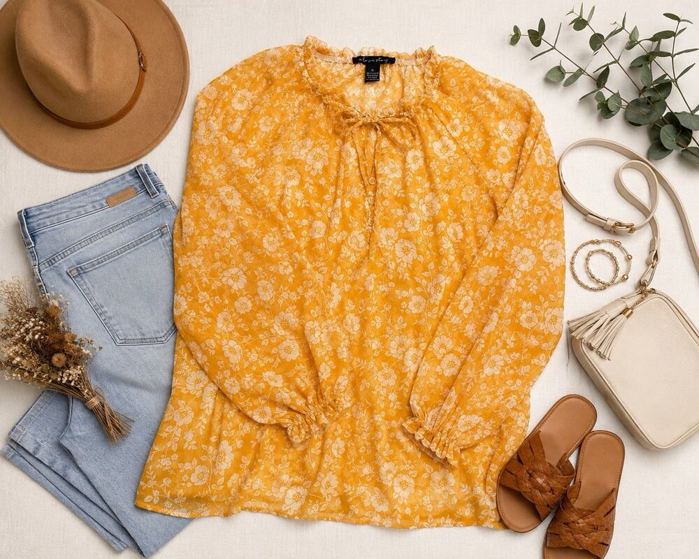 A Love Story Women’s Long Sleeve Sheer Yellow Boho Peasant Blouse Size XL